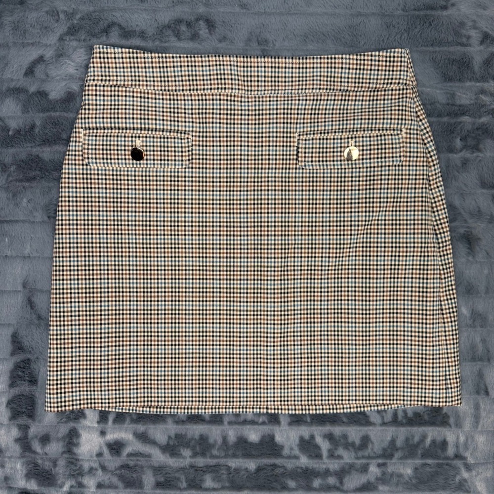 LOFT Womens Plaid Mini Skirt Tan Blue Check Faux Pocket Career Size 8 NWT